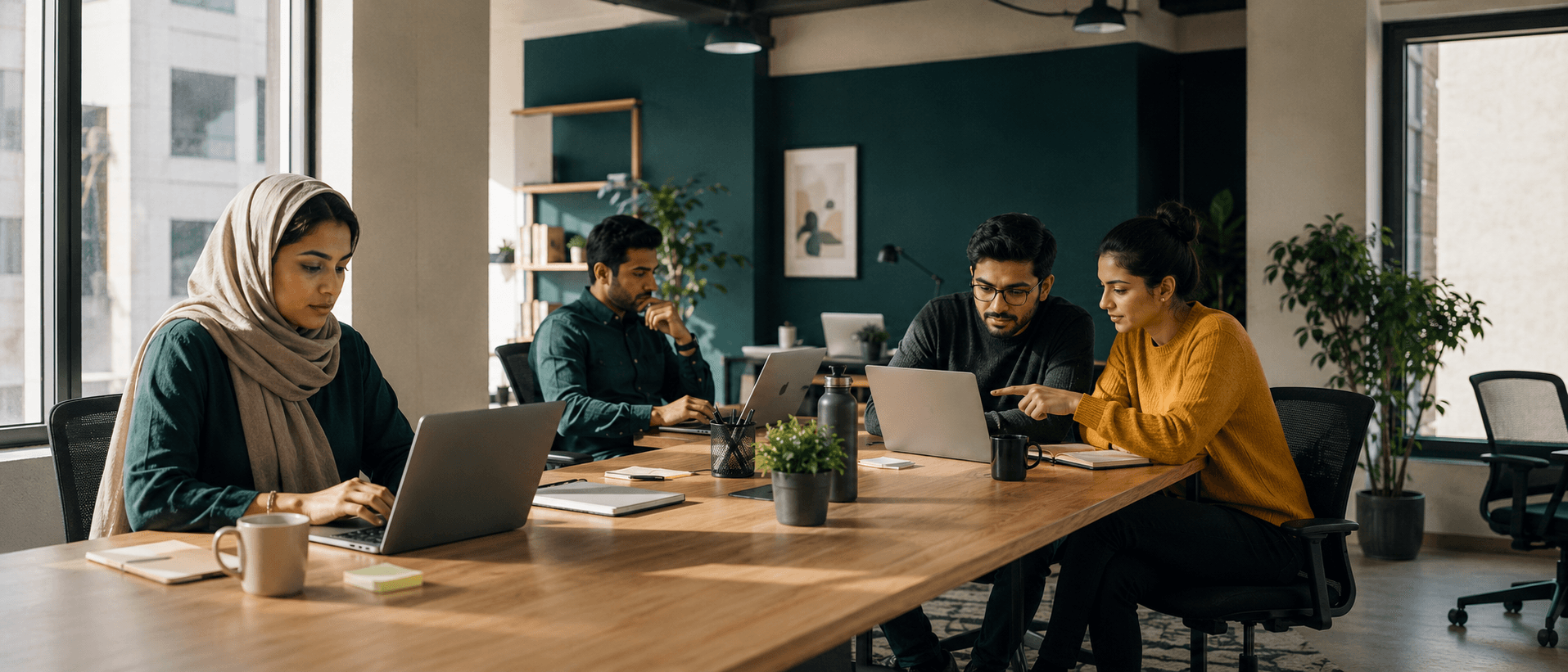 WorkGlobal members working together at a shared office table