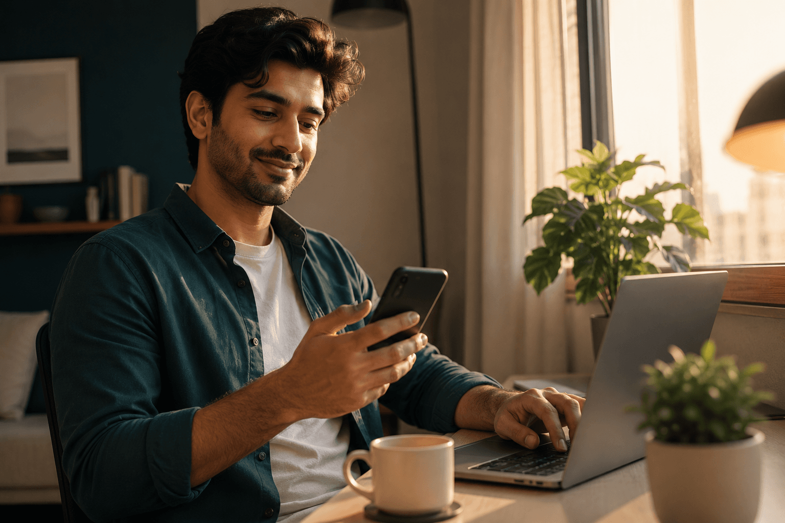 A freelancer accepting a gig on their phone beside an open laptop